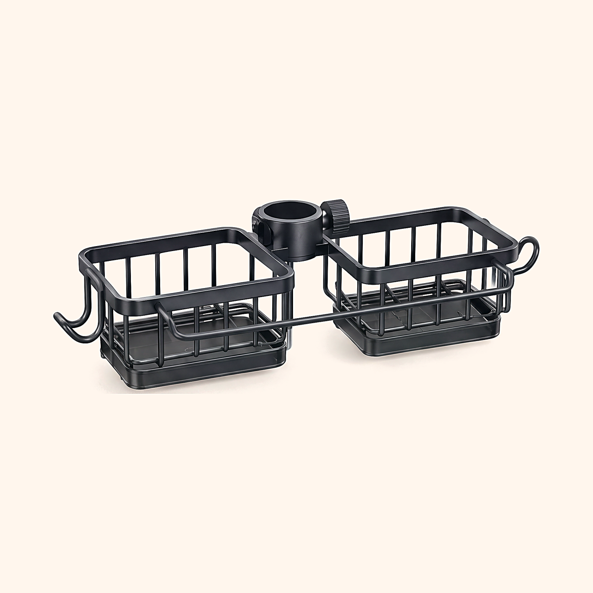 Black double-basket tap sponge holder with a central tap collar, on cream