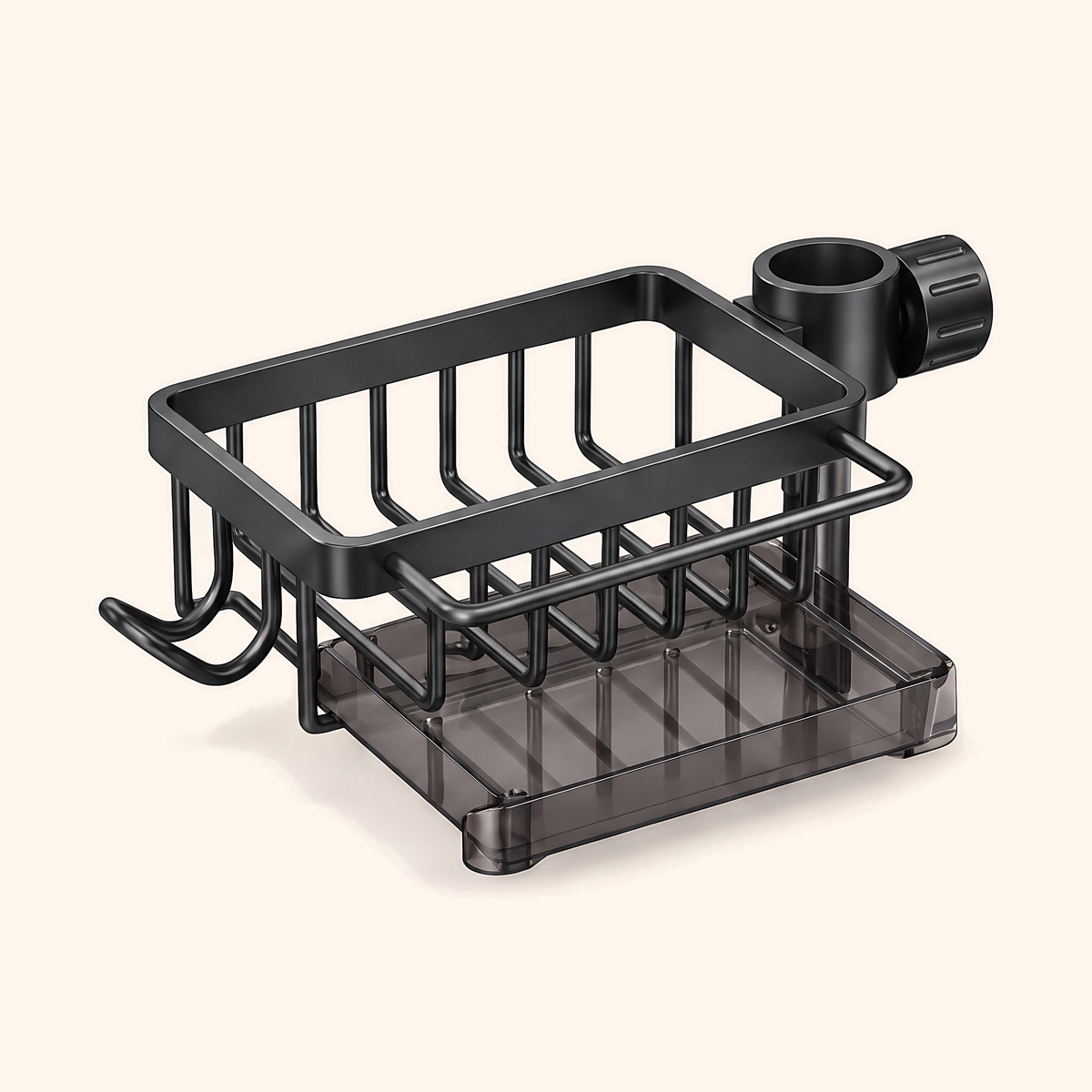 Black single basket sitting left of its tap collar, with hooks