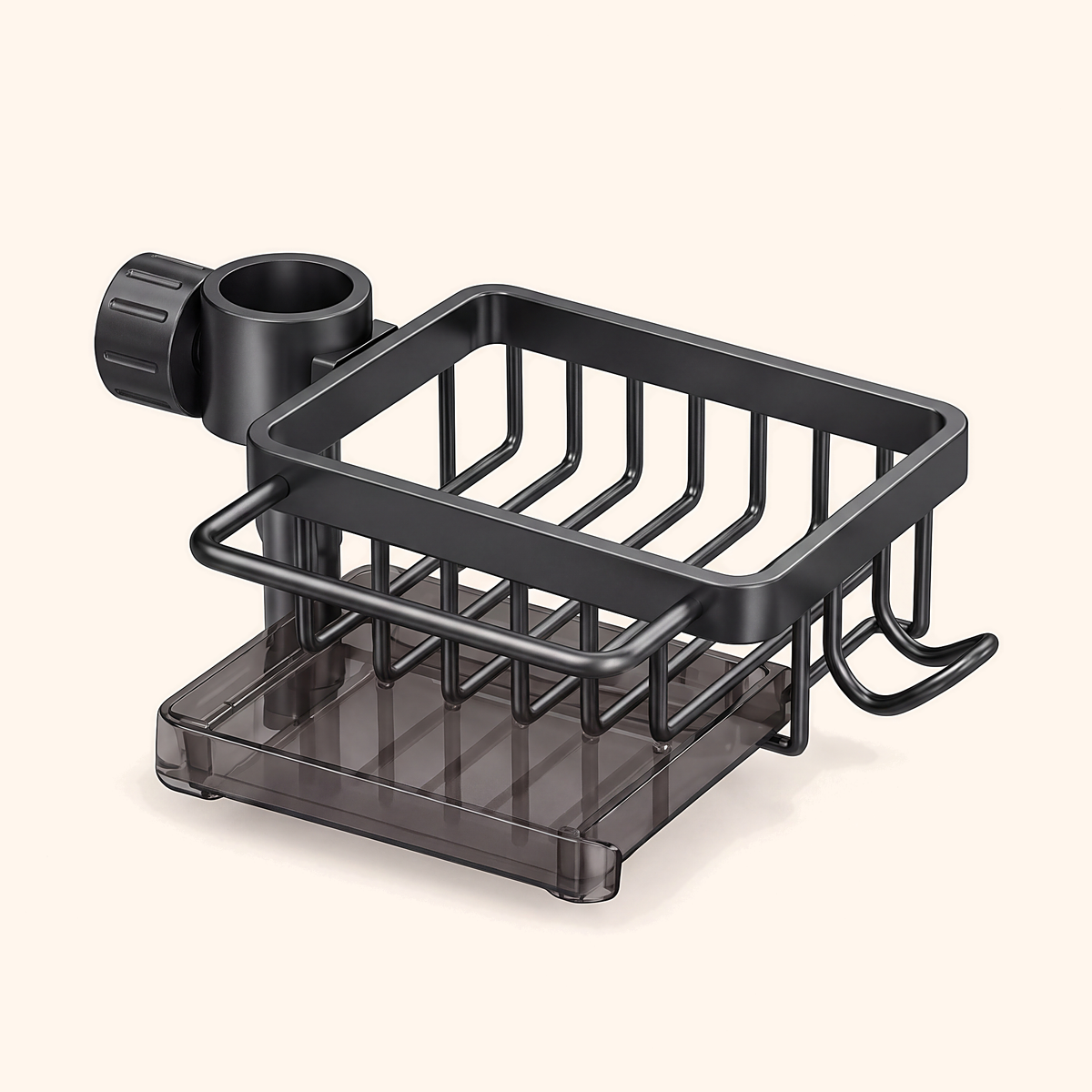 Black single basket sitting right of its tap collar, with drip tray