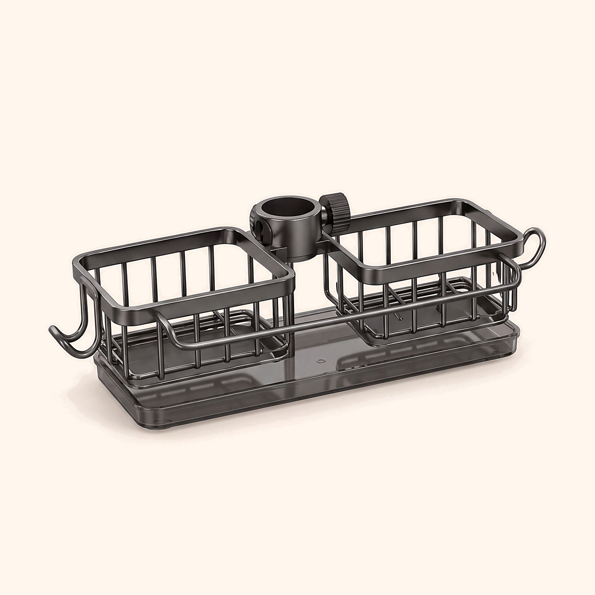 Grey double-basket tap caddy with towel rail and smoked drip trays
