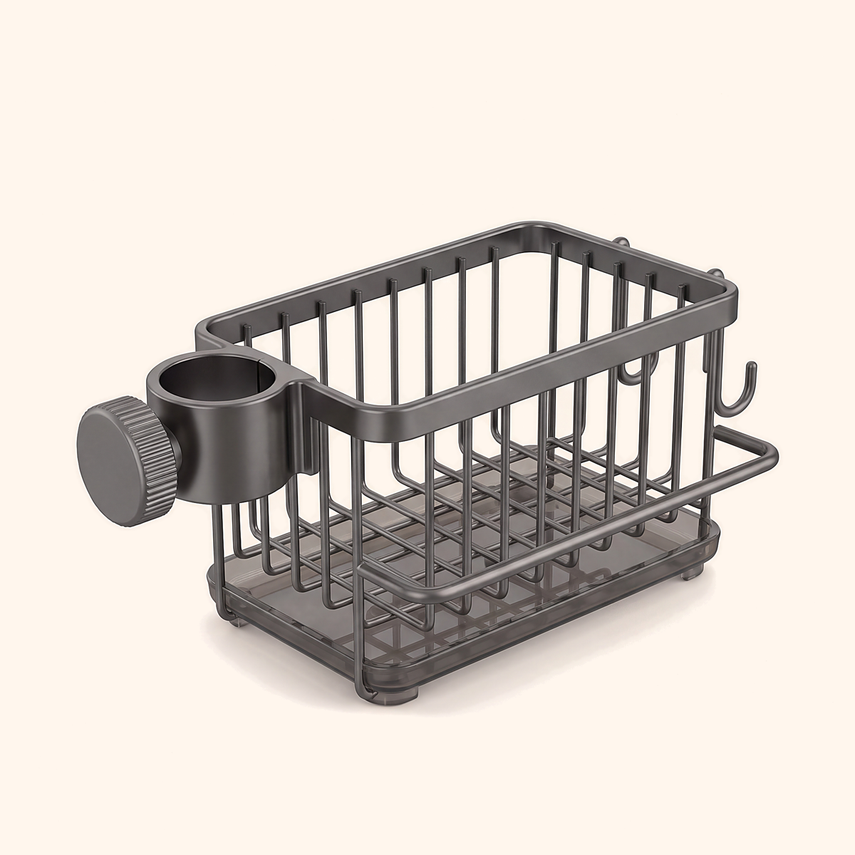 Grey single basket right of the tap collar, with smoked drip tray