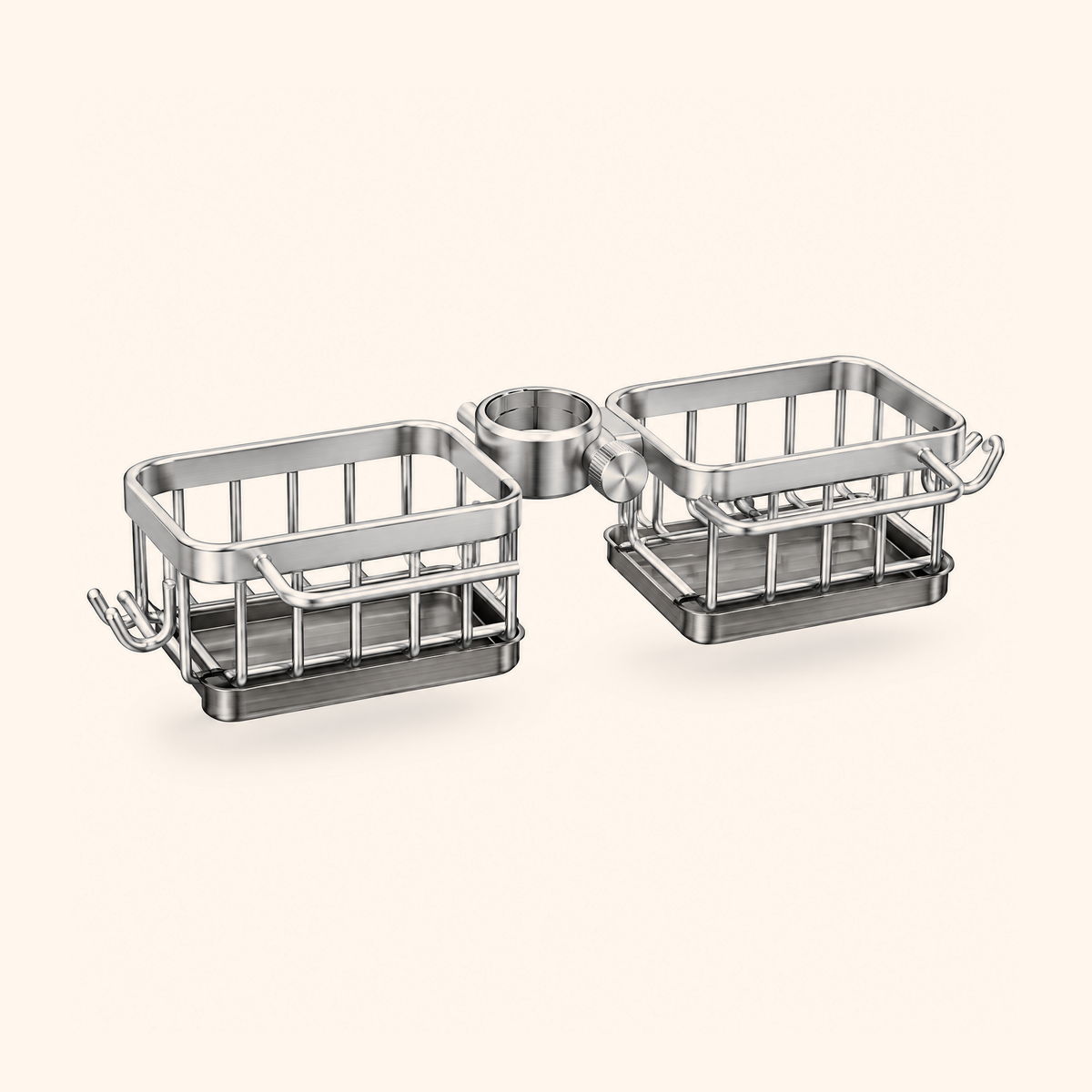 Silver double-basket tap caddy with collar between the baskets