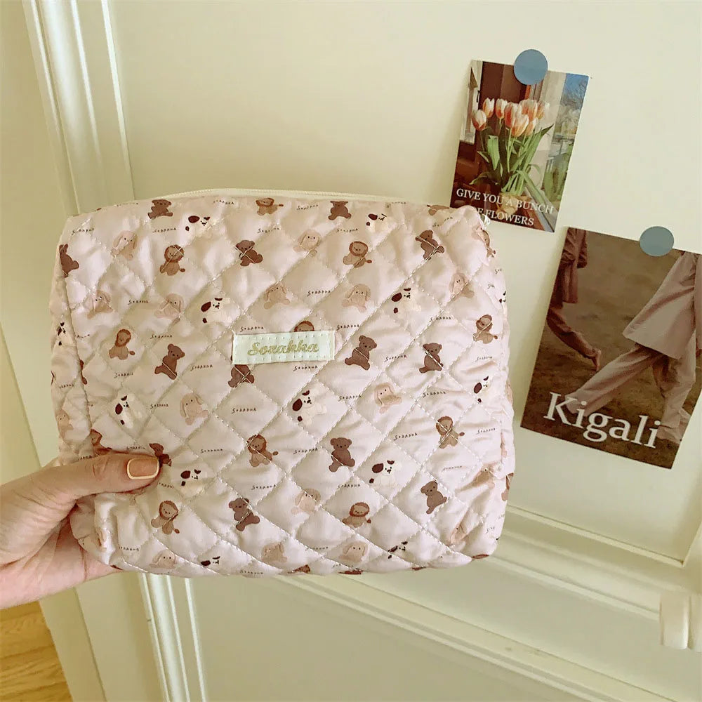Quilted Cotton Ladies Travel Storage Bag Retro Cherry Women's Cosmetic Bags Cute Design Girls Pencil Case Makeup Bag Handbags