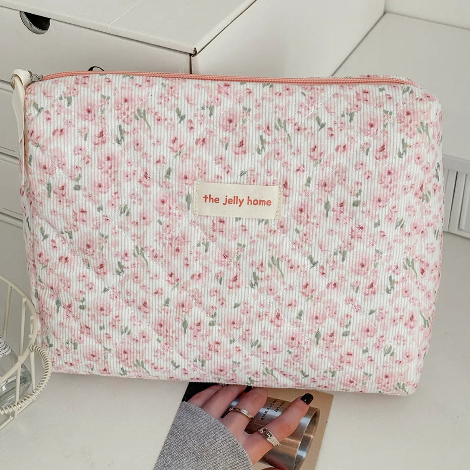 Quilted Cotton Ladies Travel Storage Bag Retro Cherry Women's Cosmetic Bags Cute Design Girls Pencil Case Makeup Bag Handbags