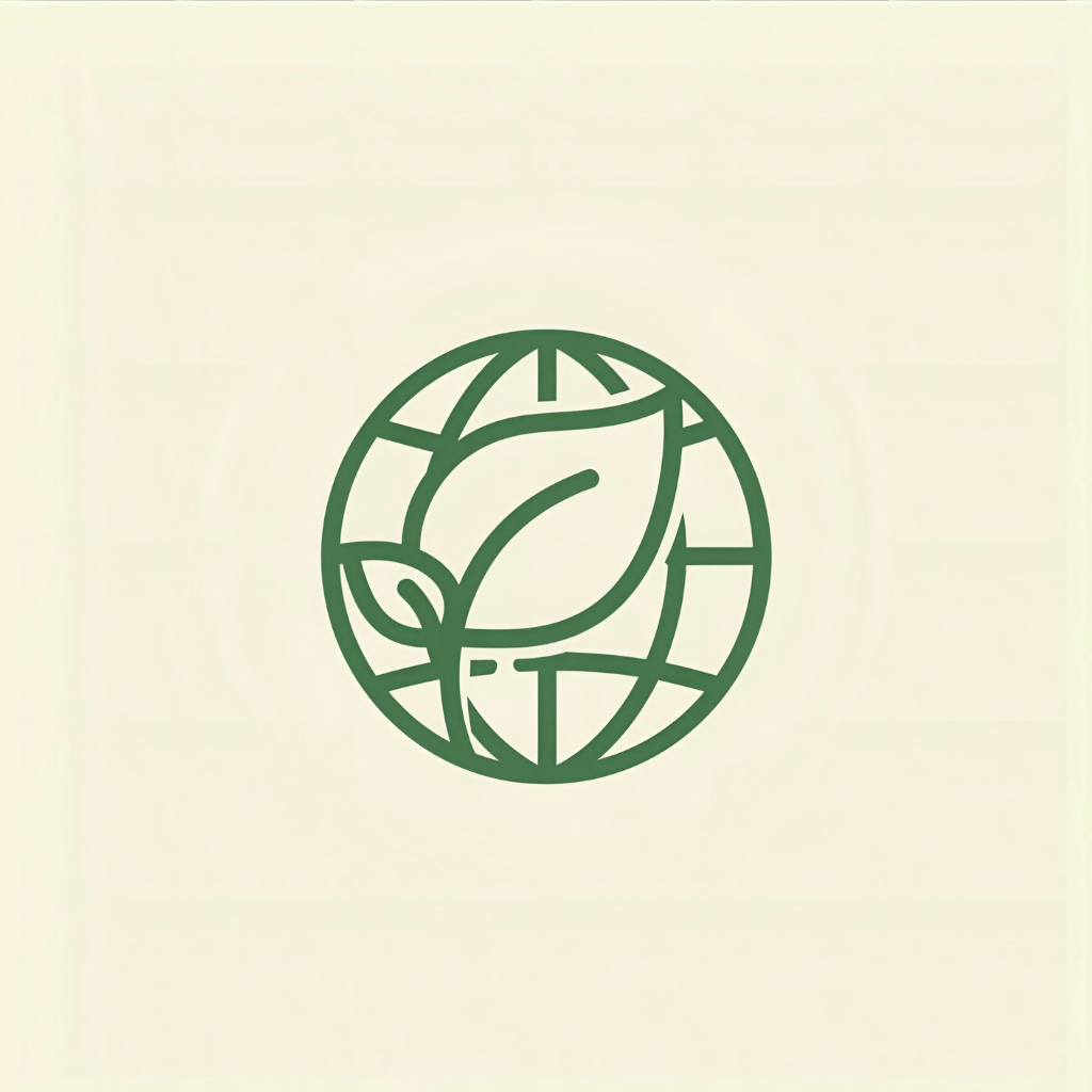 Forest-green globe and leaf line icon on a beige background, expressing Adam’s Selection’s commitment to earth harmony and sustainable living.