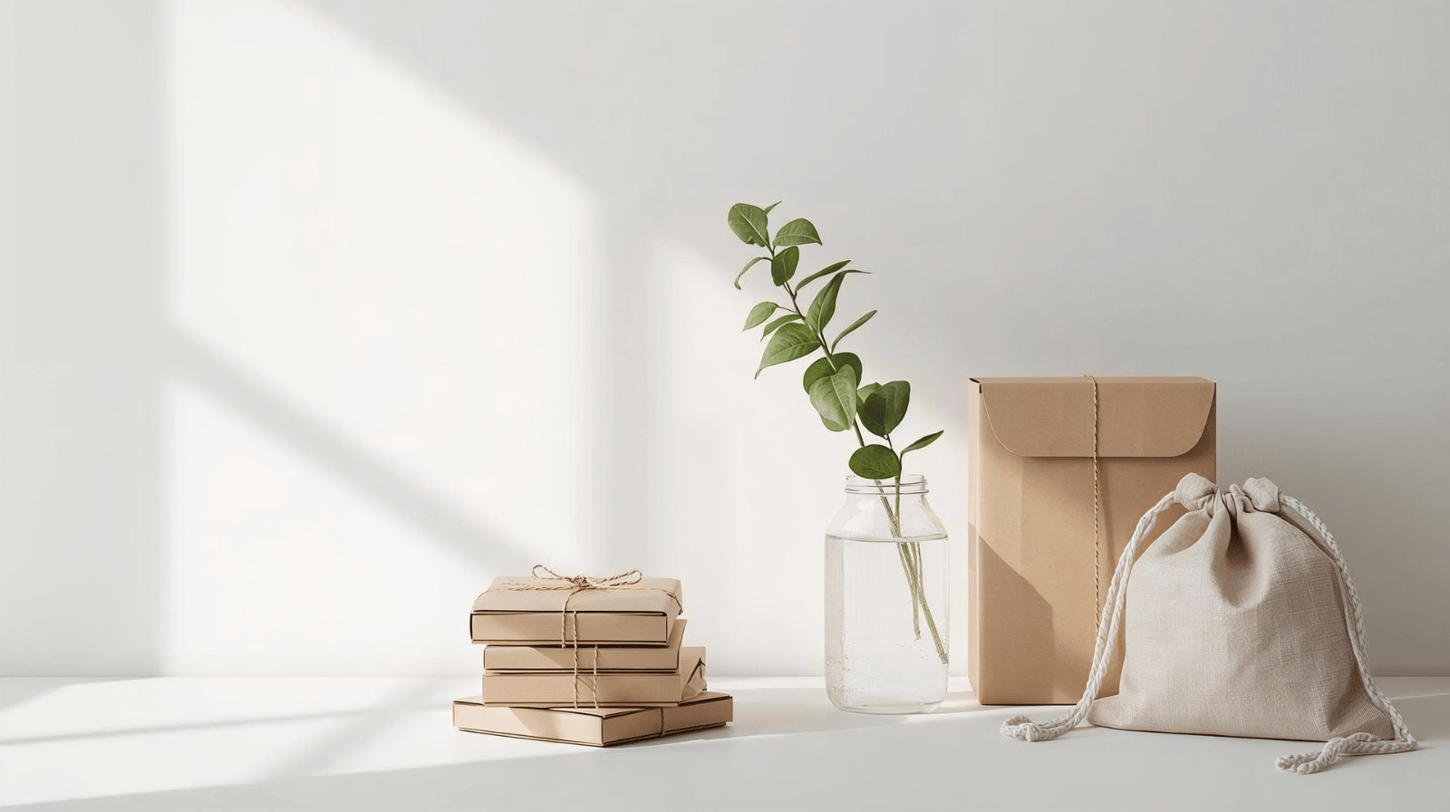 Recycled cardboard boxes, glass jar with greenery and reusable cotton drawstring bag styled together to show Adam’s Selection eco-friendly packaging and earth-aligned shipping.