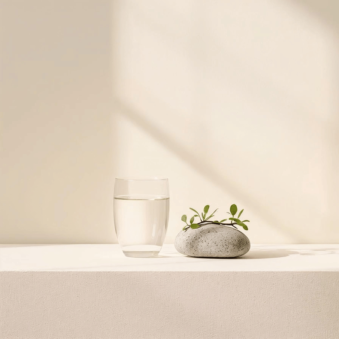 Minimal beige scene with a clear glass of water, a smooth stone and a small green sprig on a sunlit surface, symbolising inner harmony and earth harmony at Adam’s Selection.