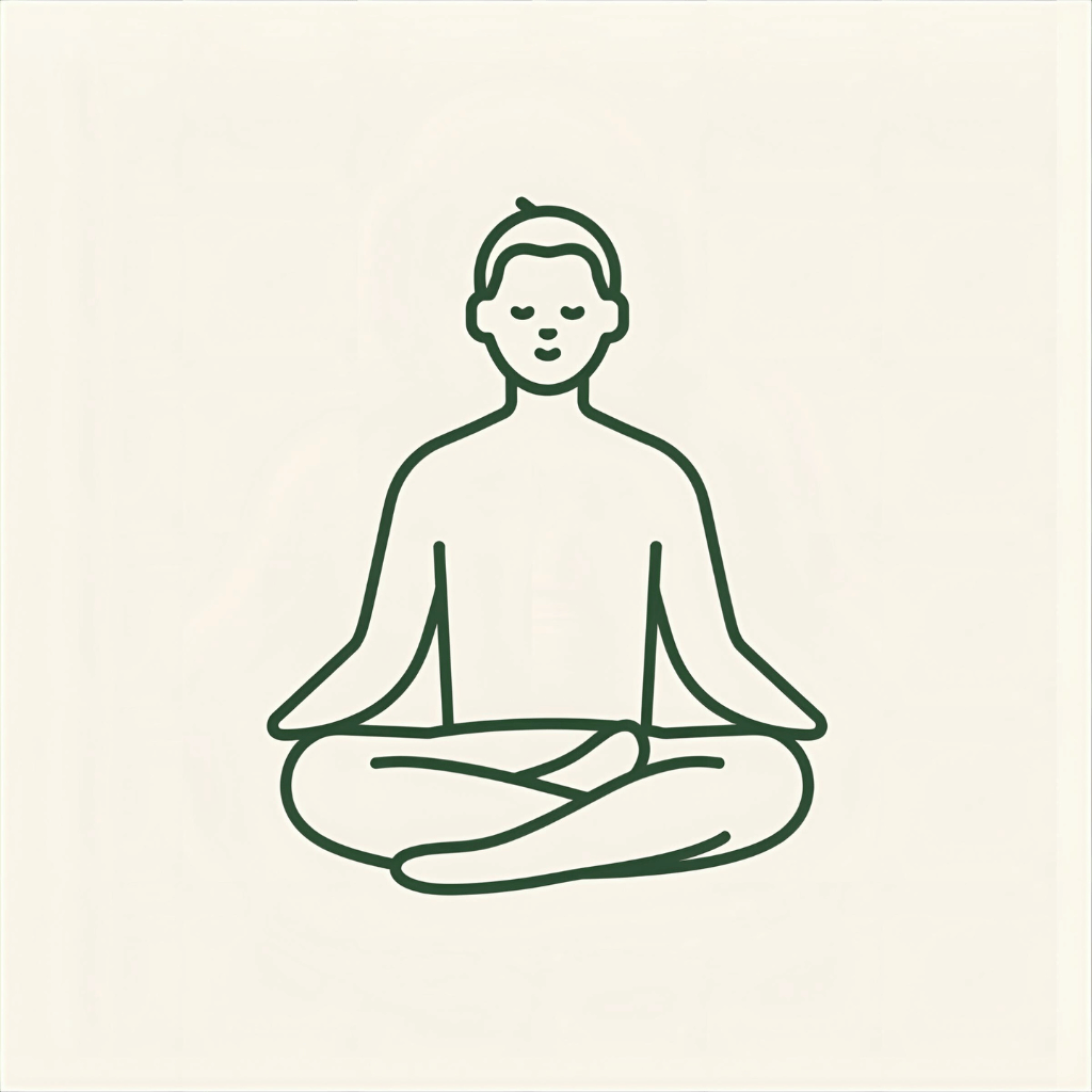 Forest-green line icon of a person sitting in a calm meditation pose on a beige background, symbolising inner harmony and wellbeing.