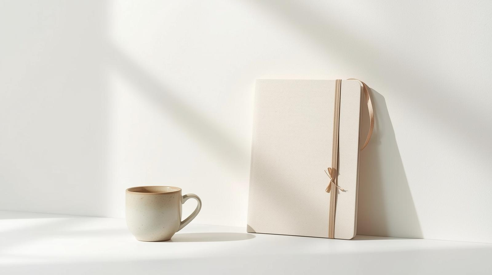 Minimal journal scene with a notebook and ceramic mug on a creamy background