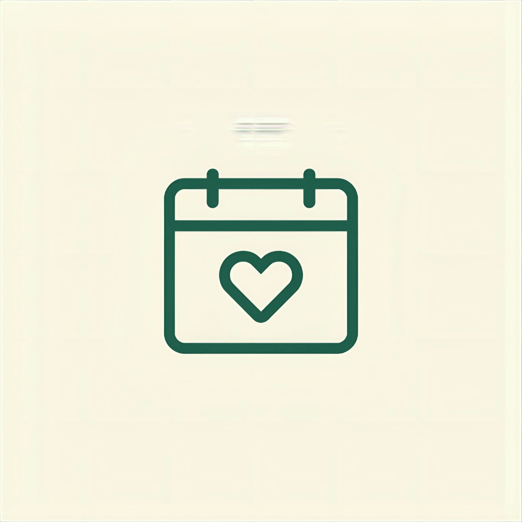 Minimal forest-green calendar icon with a heart on a beige background, representing intentional daily choices at Adam’s Selection.