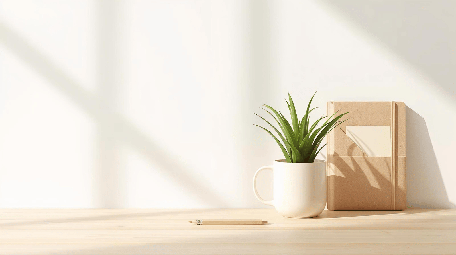 Calm contact desk scene with green plant in white mug, kraft notebook and pencil on a light wooden surface – gentle, minimalist banner for contacting Adam’s Selection