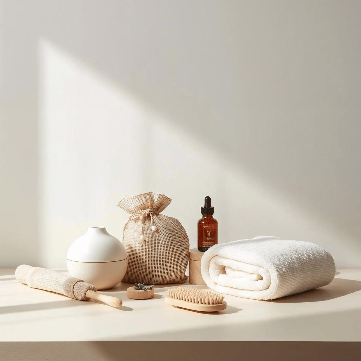 Curated eco-friendly self-care gift set under £30 featuring a ceramic diffuser, reusable mesh gift bag, natural body oil, wooden body brush and soft organic towel on a sunlit beige surface.