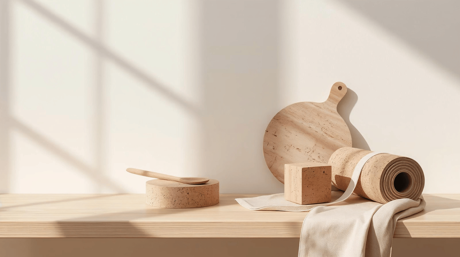 Minimalist eco home and wellness scene with cork yoga mat, yoga block and wooden kitchen board on a light wood shelf in natural sunlight