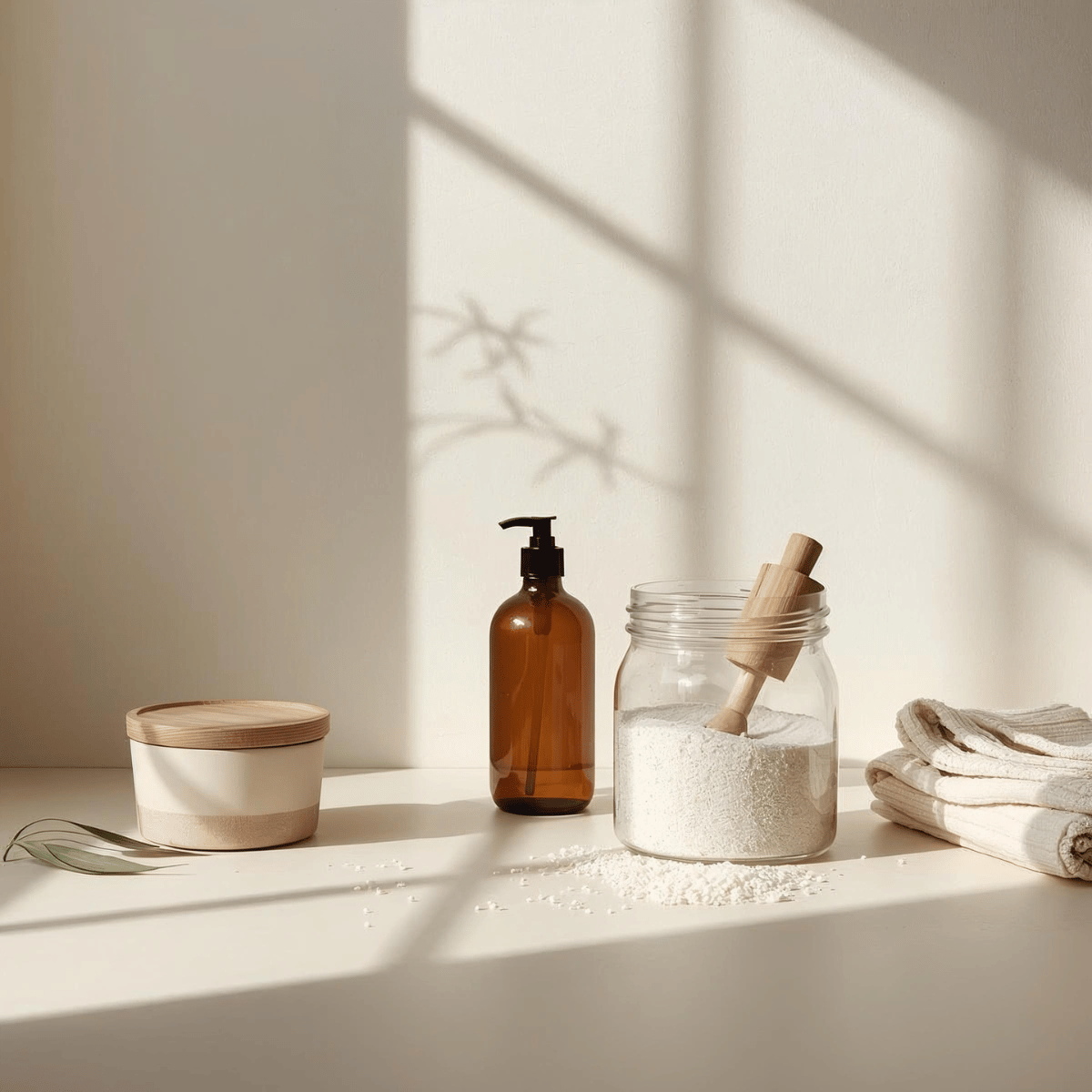 Minimalist eco-laundry refill scene with amber glass pump bottle, glass jar of powder detergent and folded reusable cloths on a beige surface, representing long-lasting, low-waste home essentials.