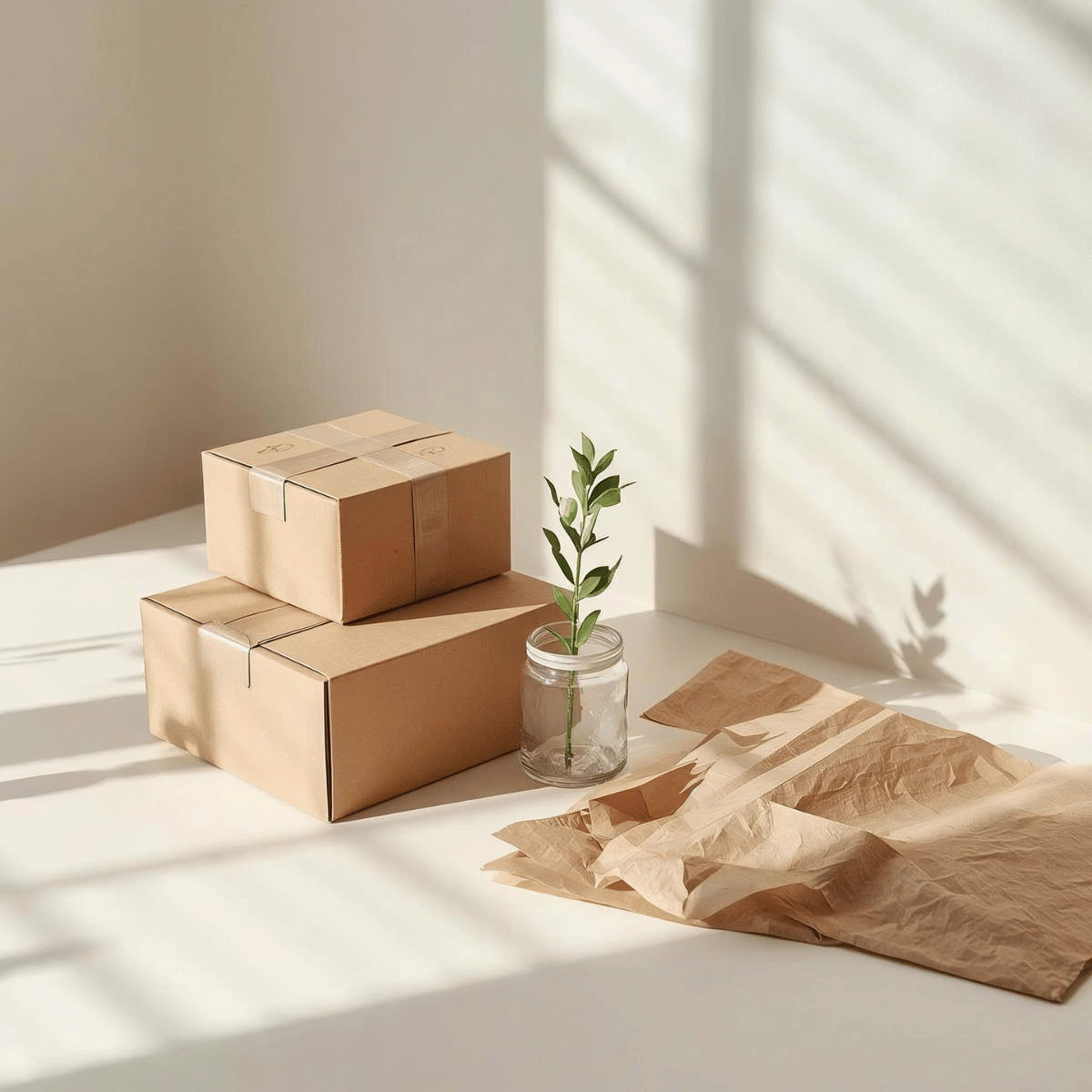 Stacked kraft cardboard parcels beside a glass jar with a green branch and crumpled paper on a sunlit desk, highlighting low-impact eco shipping and thoughtful delivery packaging.