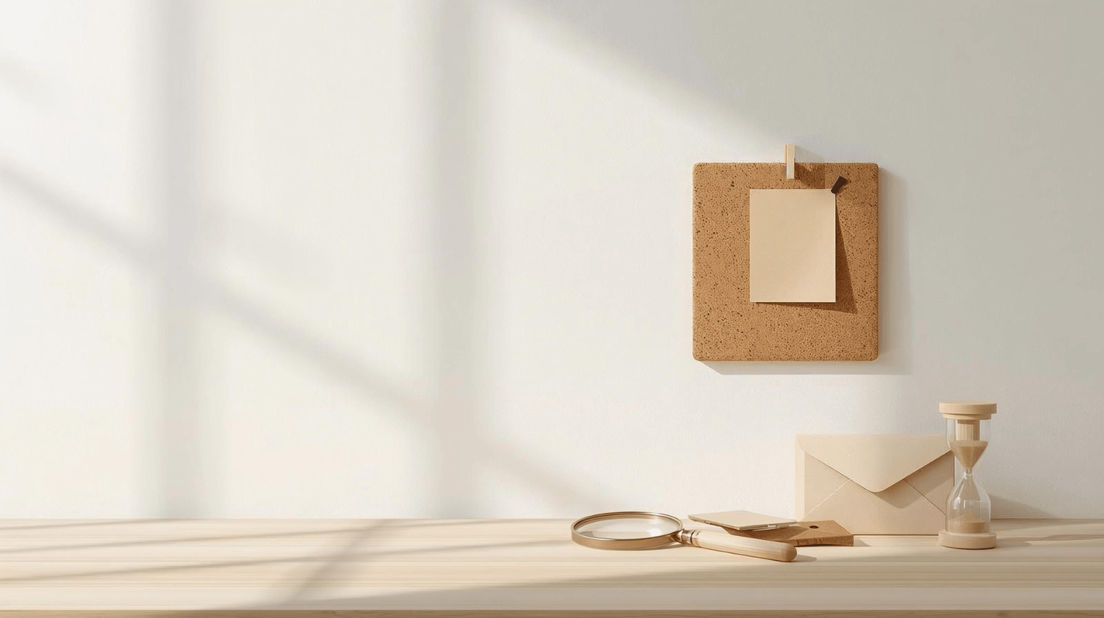 Calm FAQ help desk scene with cork board, hourglass, magnifying glass and envelope on a light wood desk, representing clear customer support and answers from Adam’s Selection