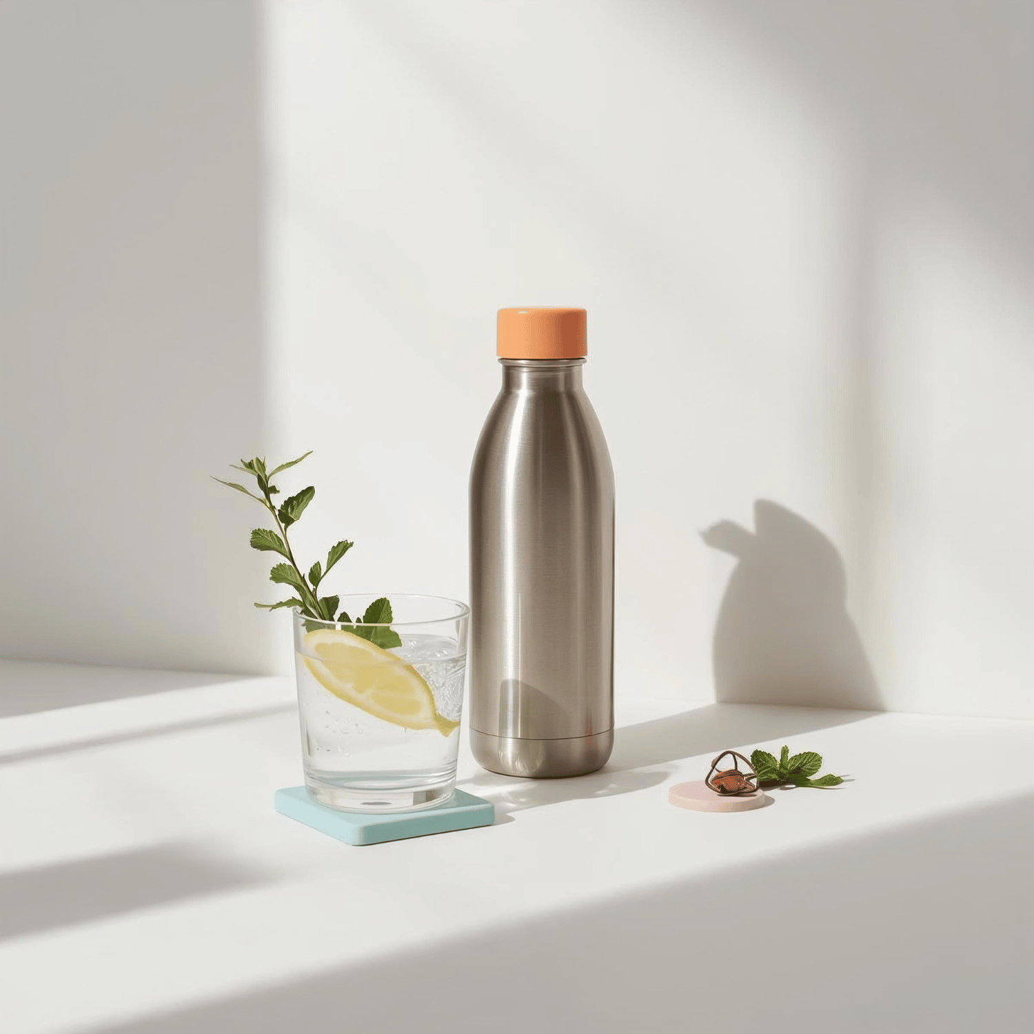 Stainless steel reusable water bottle next to a glass of iced lemon water and mint – minimalist hydration essentials for everyday use.
