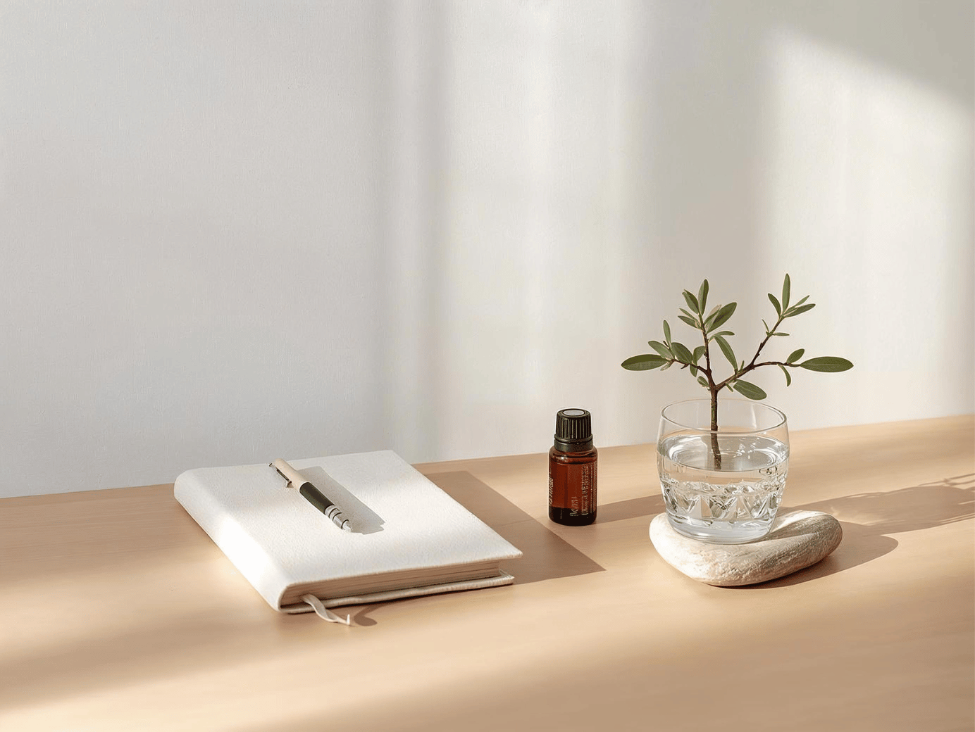 Mindful living still life with journal, essential oil and glass of water with small plant cutting on stone, symbolising inner calm and earth-friendly habits from Adam's Selection