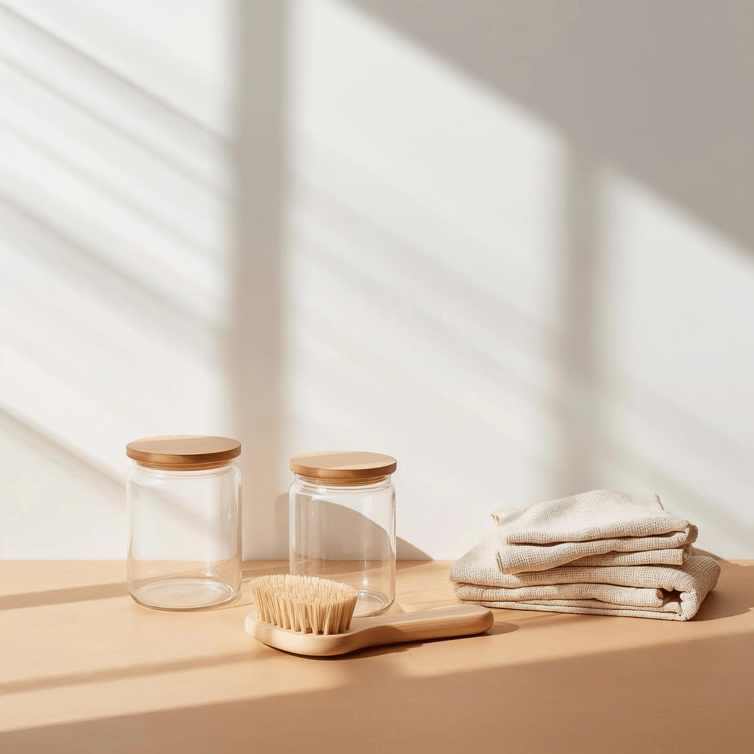 Glass storage jars, wooden dish brush and reusable cloths on a sunlit countertop – simple eco home and kitchen swaps to use less plastic.