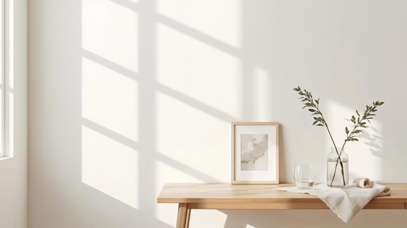Sunlit wooden console table with framed art, glass of water and leafy branch in a clear vase, styled in a calm minimalist eco home setting for Adam’s Selection story page