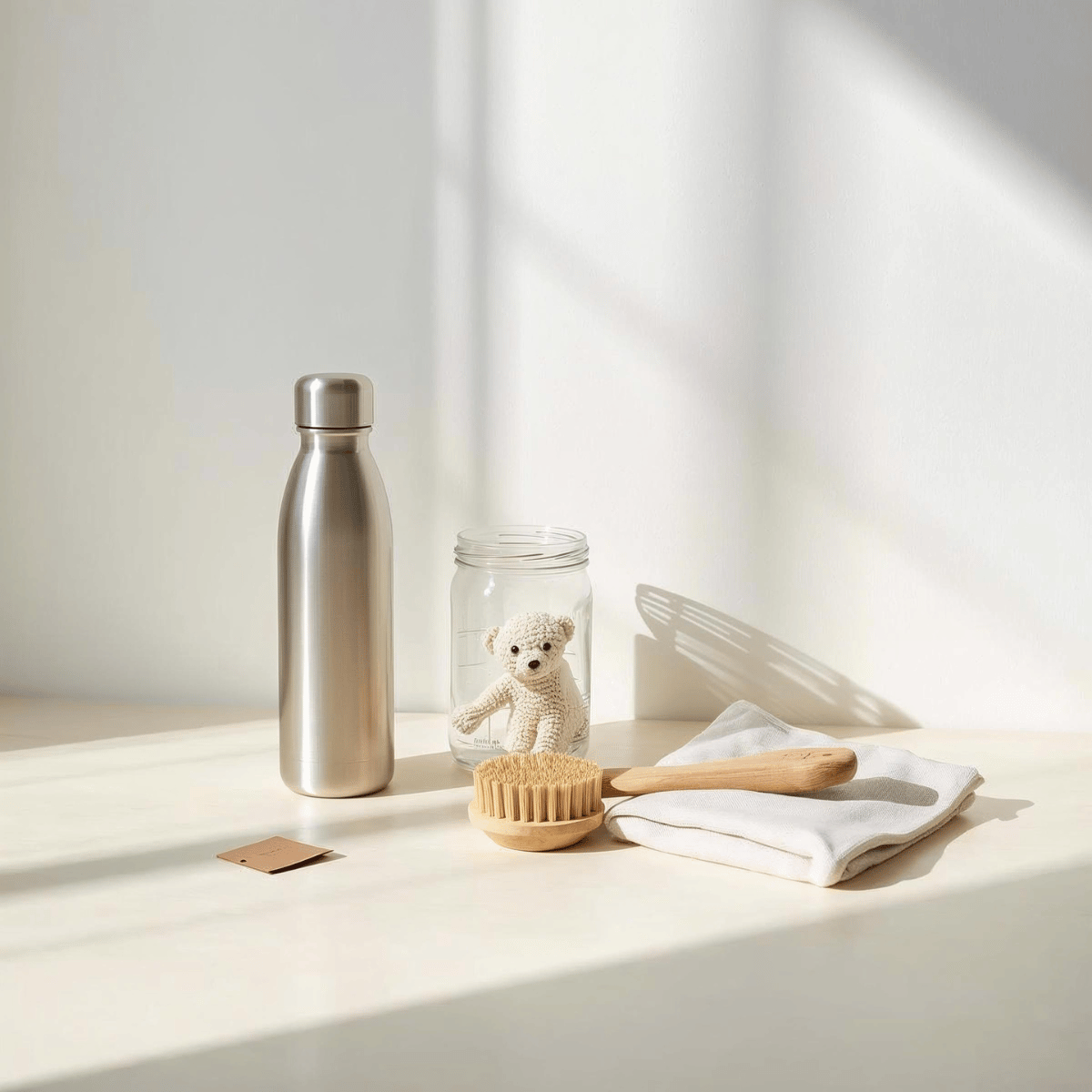 Minimalist eco product selection scene with a stainless-steel refillable water bottle, glass jar, wooden body brush and folded cloth on a sunlit tabletop, representing durable, low-waste essentials from Adam’s Selection.