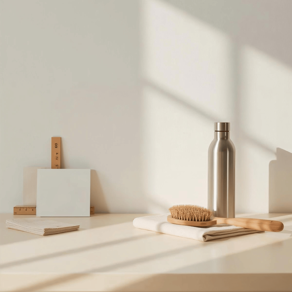 Calm home essentials scene with stainless-steel bottle, wooden body brush, folded cloths and simple measuring tools on a beige tabletop, symbolising durable, well-designed sustainable products for everyday living.