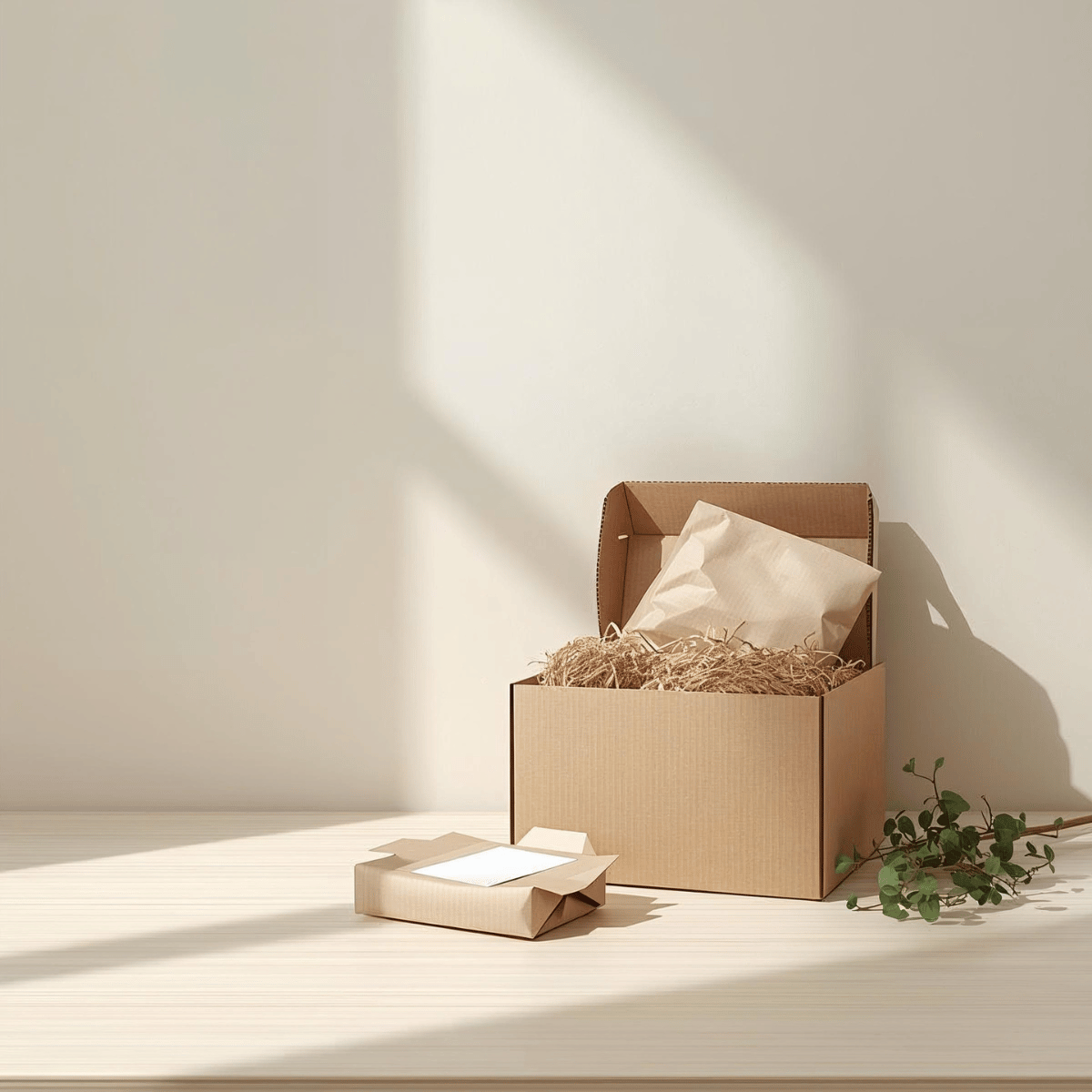 Open cardboard box with paper filler, small parcel and green branch on a light wooden surface, showcasing plastic-free, recyclable shipping and sustainable packaging choices.