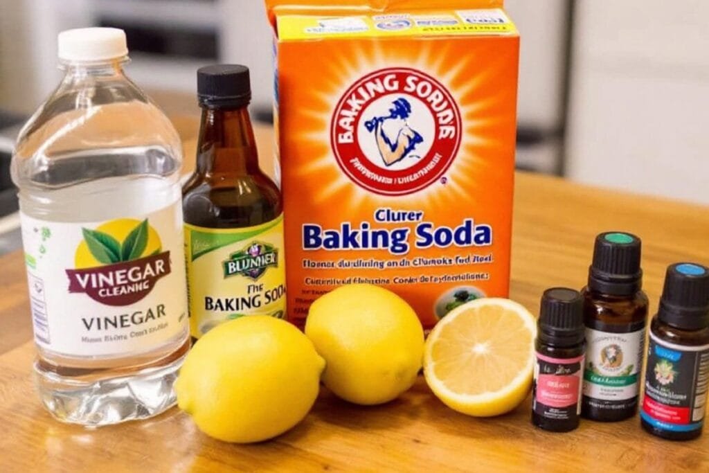 Natural cleaning solutions including vinegar, baking soda, and essential oils for eco-friendly cleaning.