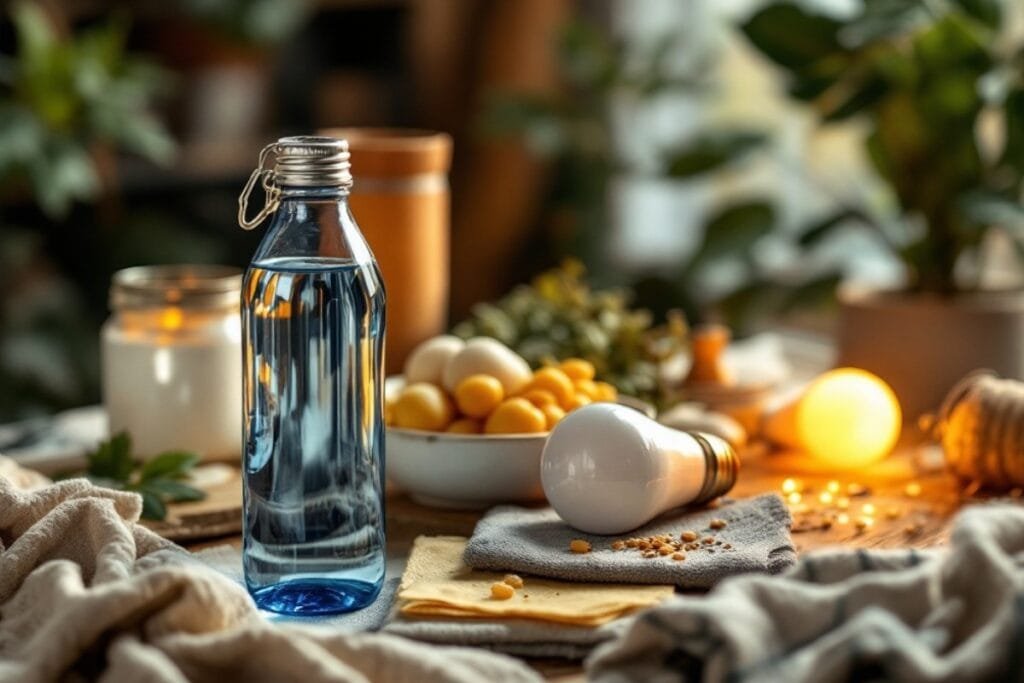A cozy eco-friendly home featuring reusable items like a water bottle, beeswax wraps, and cloth towels. Greener home
